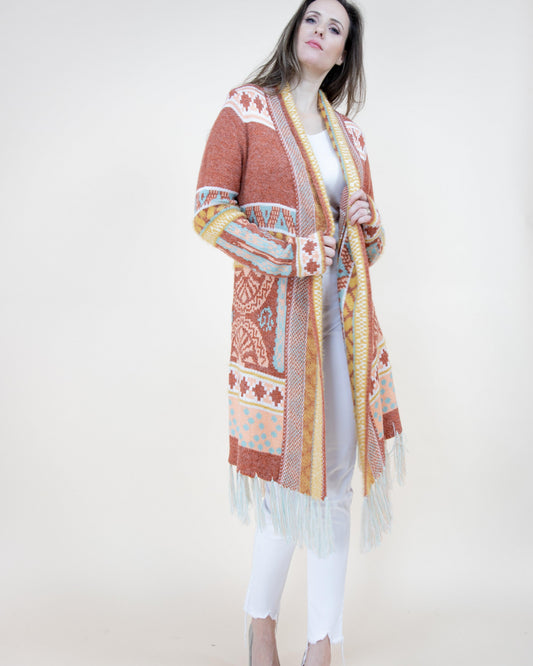 Tribal Ethnic Pattern Cardigan w/ Fringe