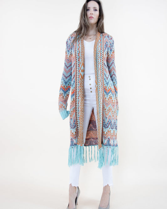Wavy Knit Long Sleeve Cardigan w/ Fringe
