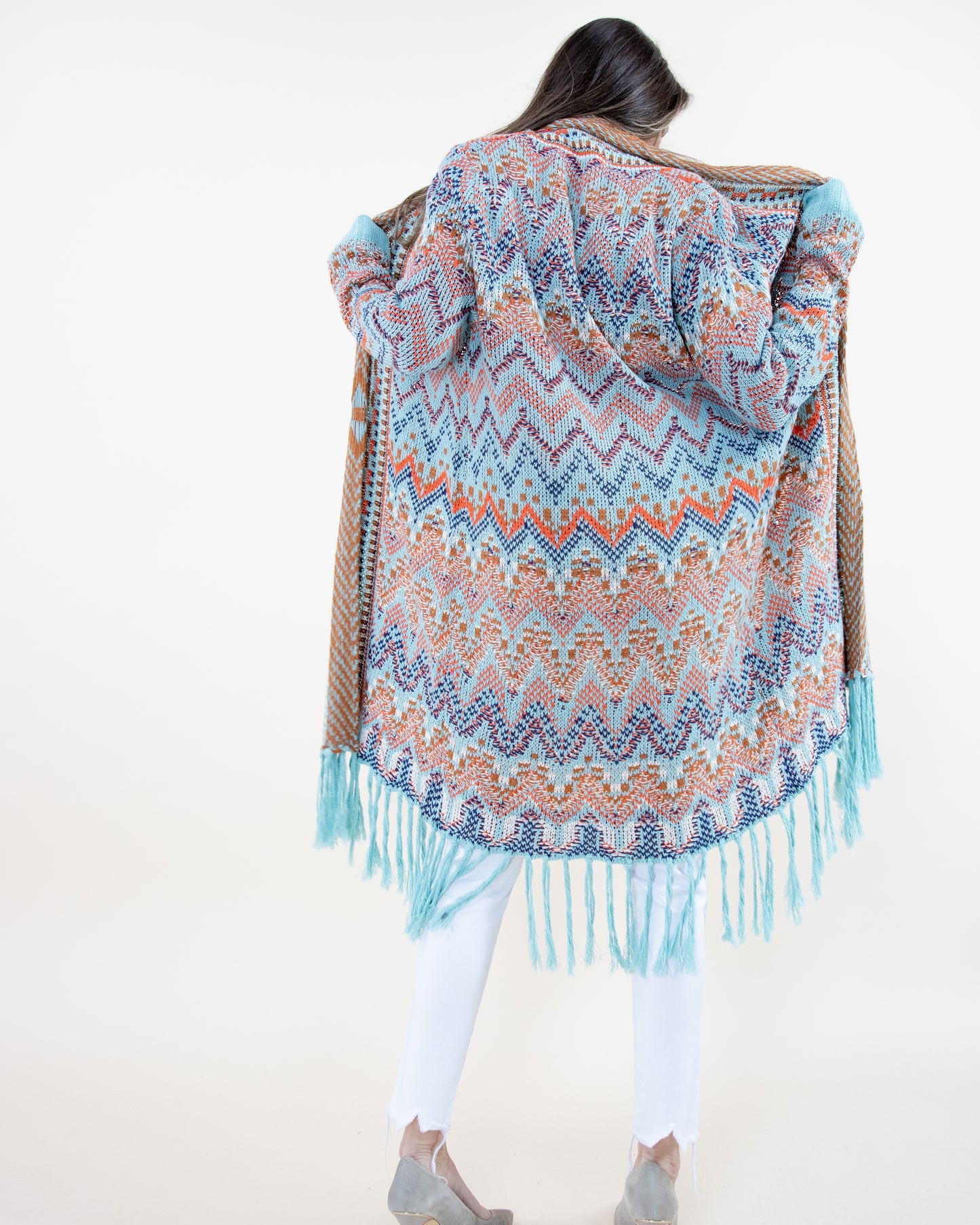 Wavy Knit Long Sleeve Cardigan w/ Fringe