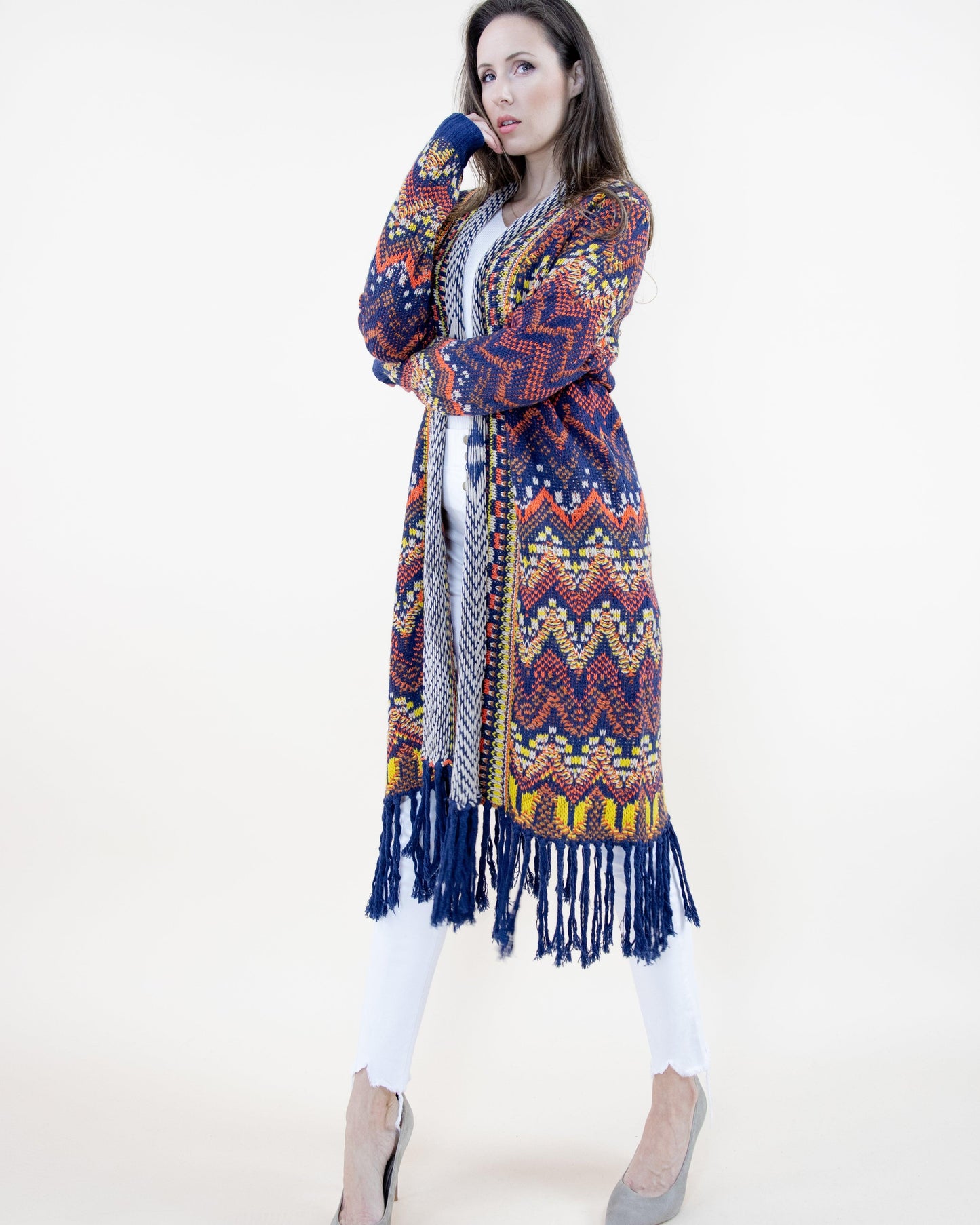 Wavy Knit Long Sleeve Cardigan w/ Fringe