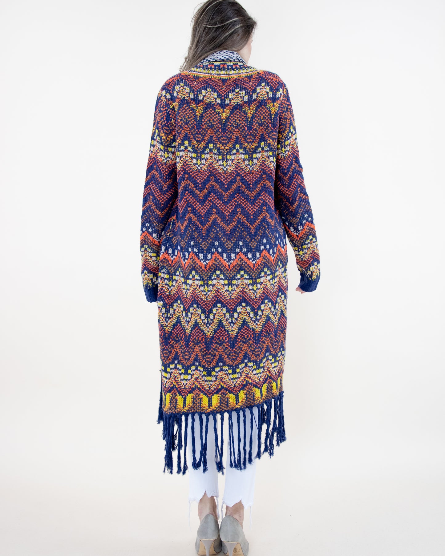 Wavy Knit Long Sleeve Cardigan w/ Fringe
