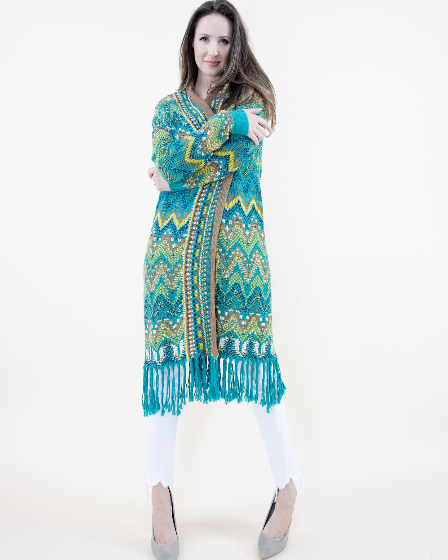 Wavy Knit Long Sleeve Cardigan w/ Fringe