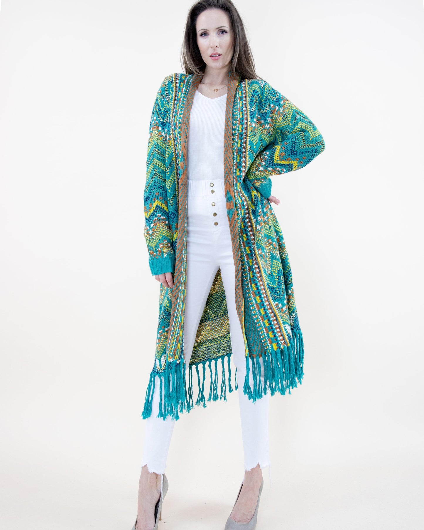 Wavy Knit Long Sleeve Cardigan w/ Fringe