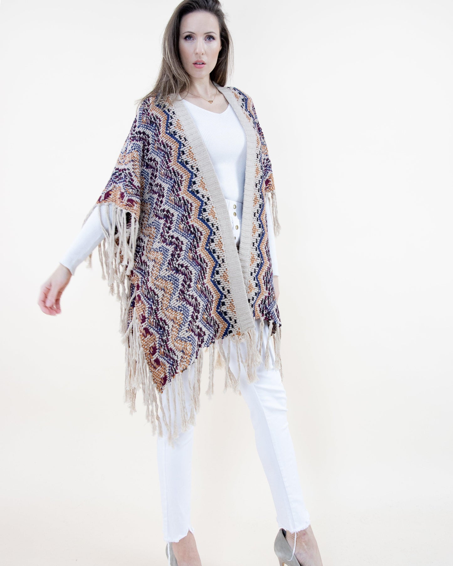 Wavy Knitted Kimono w/ Fringe