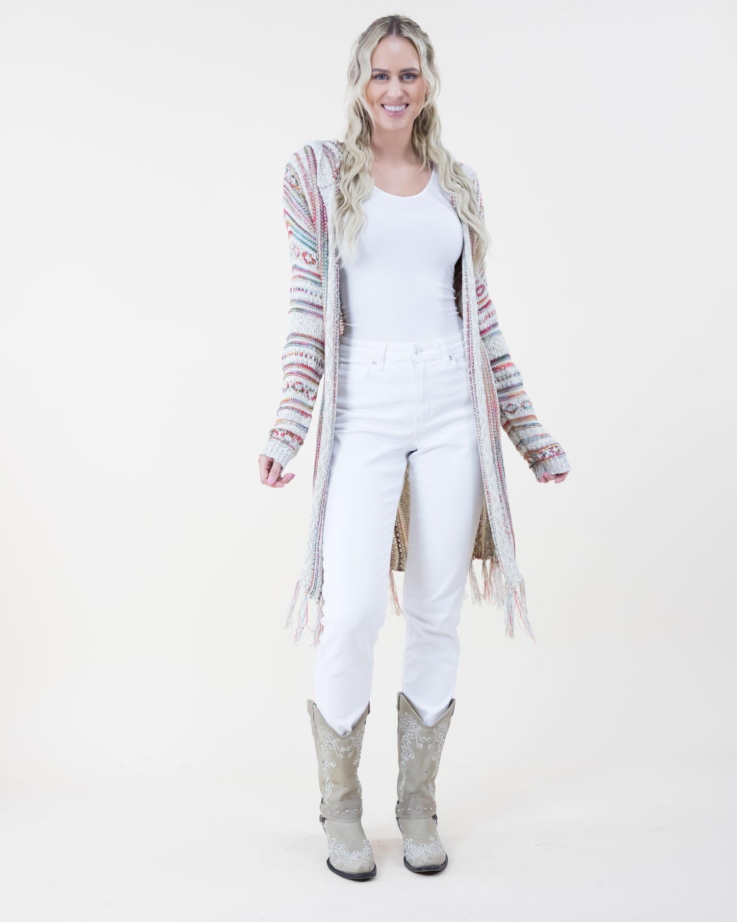 Tribal Stripe Cardigan with Fringe and Hood