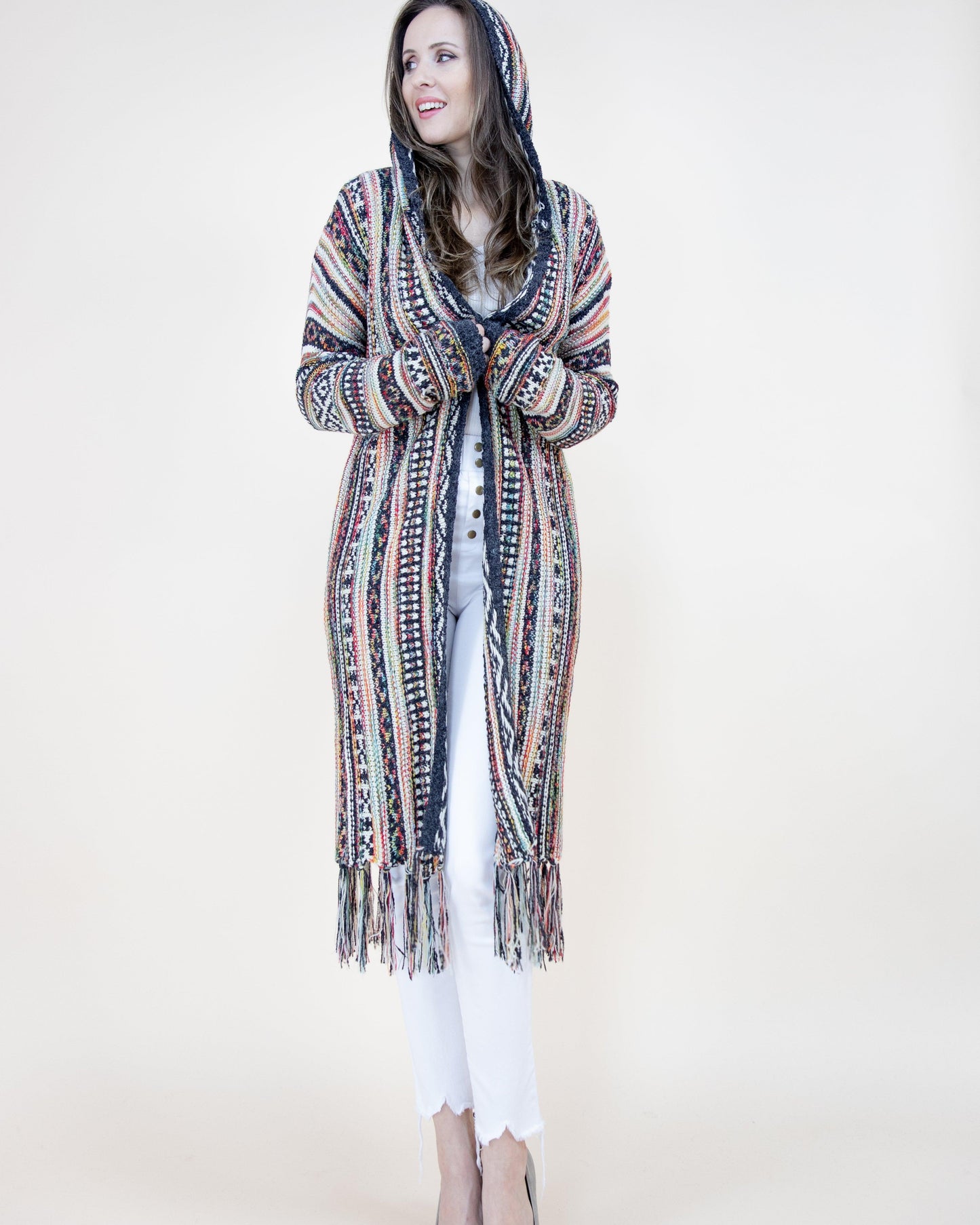 Tribal Stripe Cardigan with Fringe and Hood