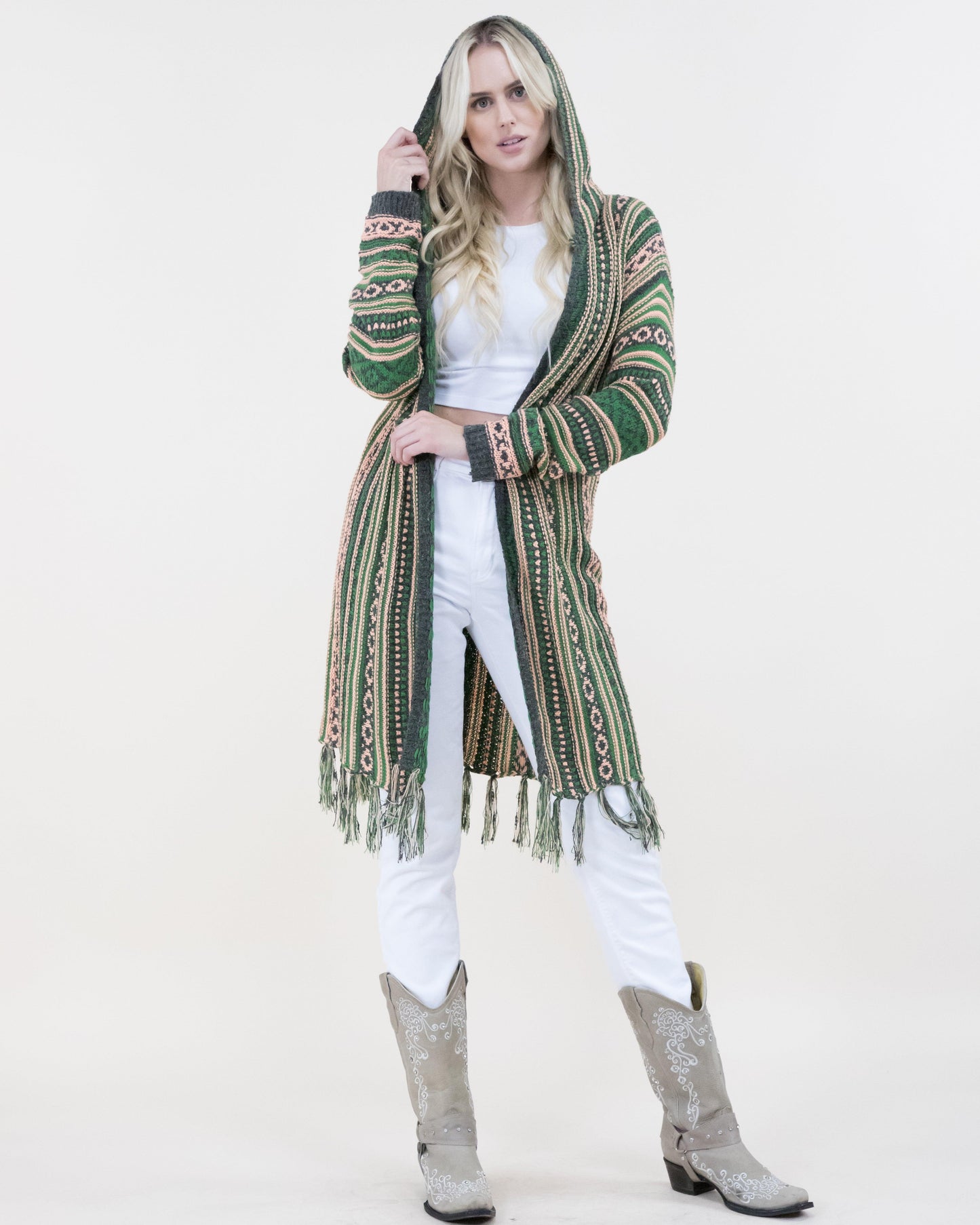 Tribal Stripe Cardigan with Fringe and Hood