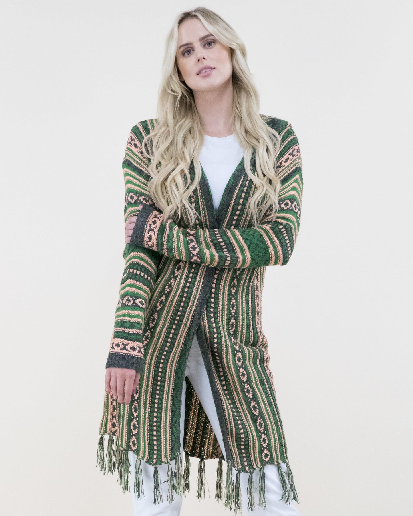 Tribal Stripe Cardigan with Fringe and Hood
