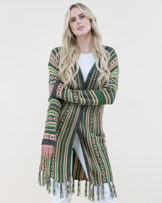 Tribal Stripe Cardigan with Fringe and Hood