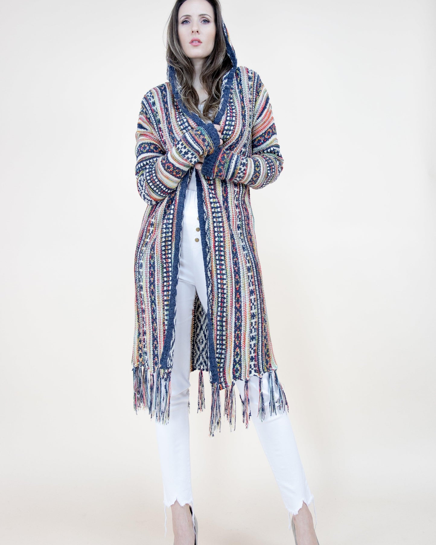 Tribal Stripe Cardigan with Fringe and Hood