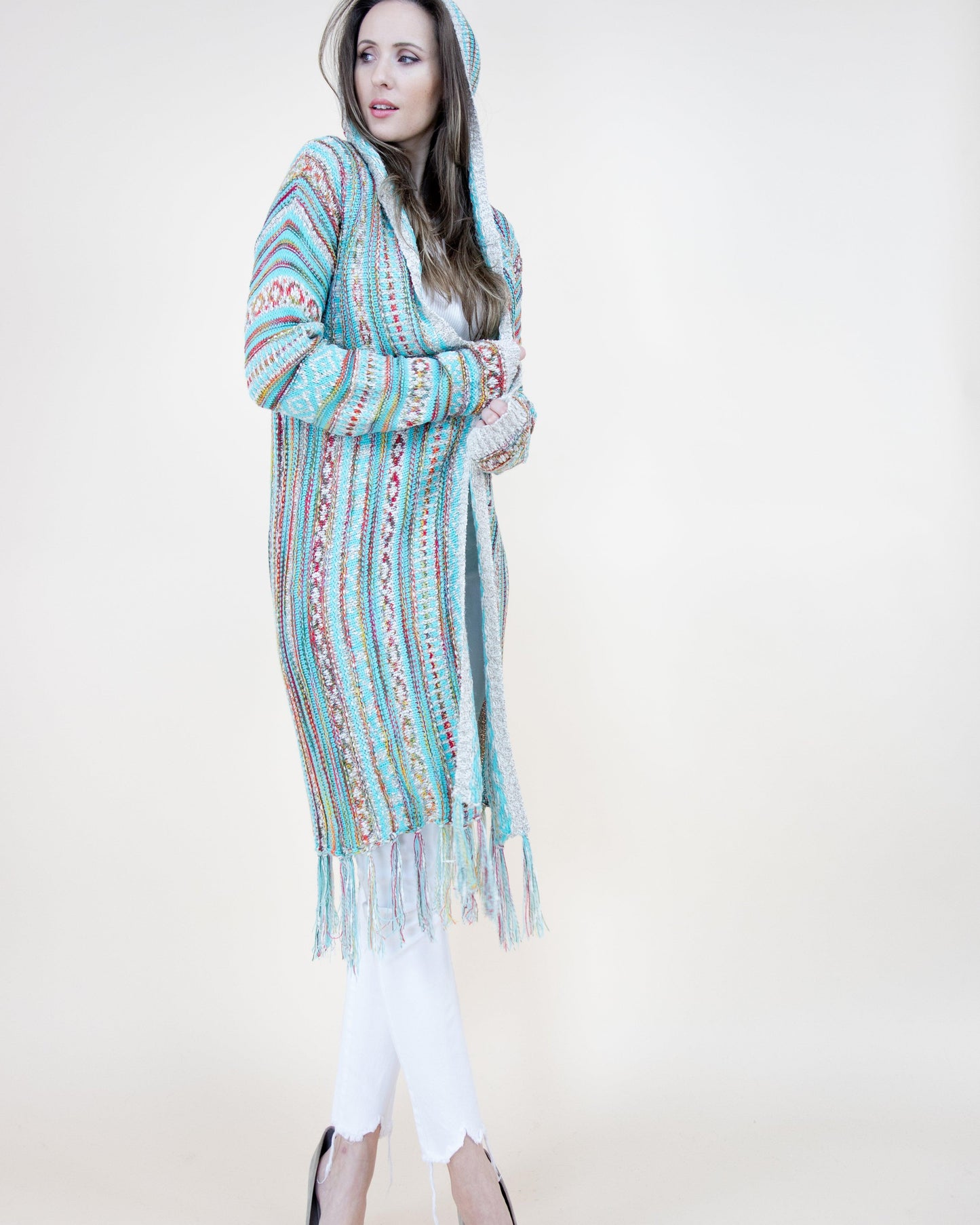 Tribal Stripe Cardigan with Fringe and Hood