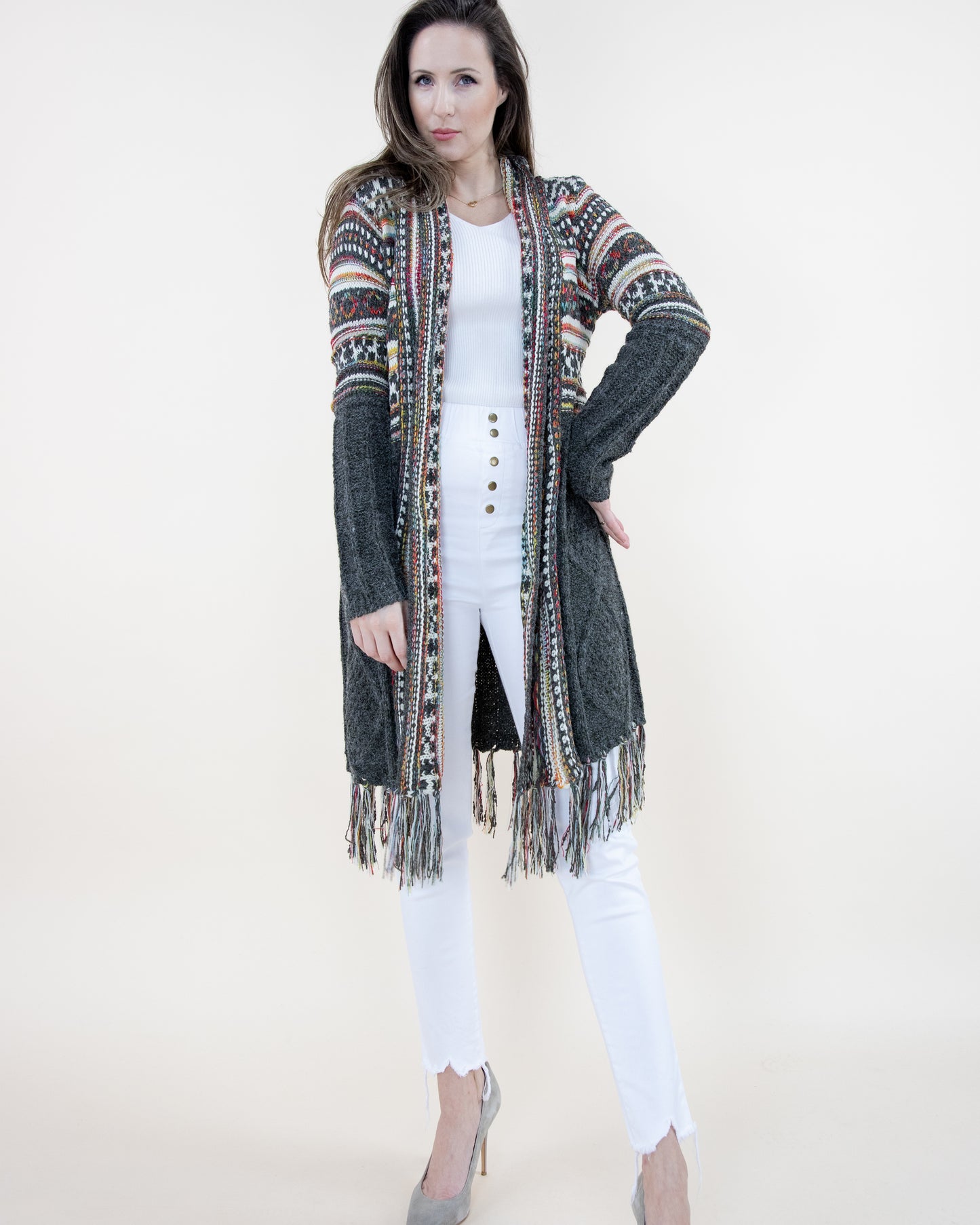 Upper Tribal Stripe Cardigan w/ Fringe - (S/M, L/XL)