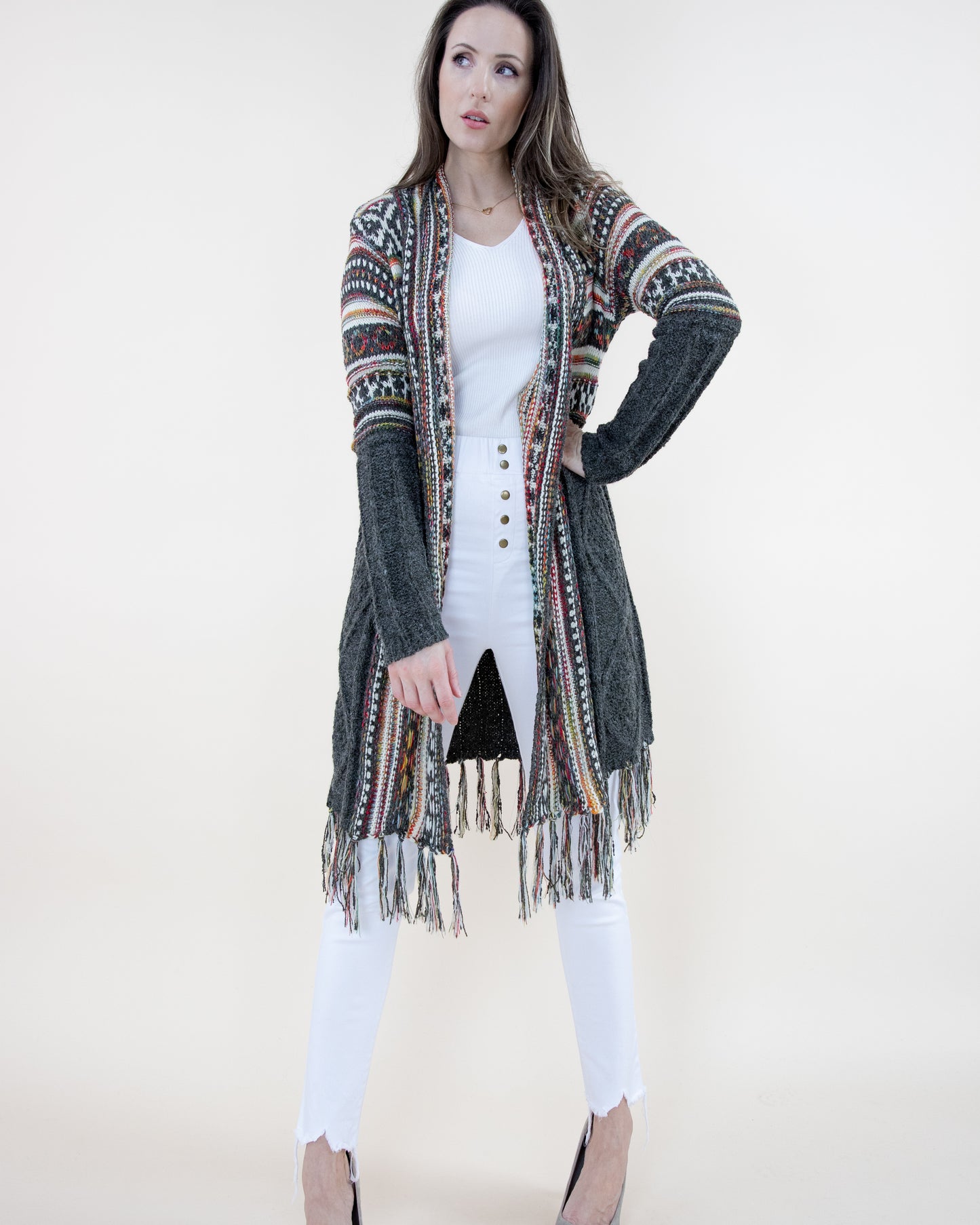 Upper Tribal Stripe Cardigan w/ Fringe - (S/M, L/XL)