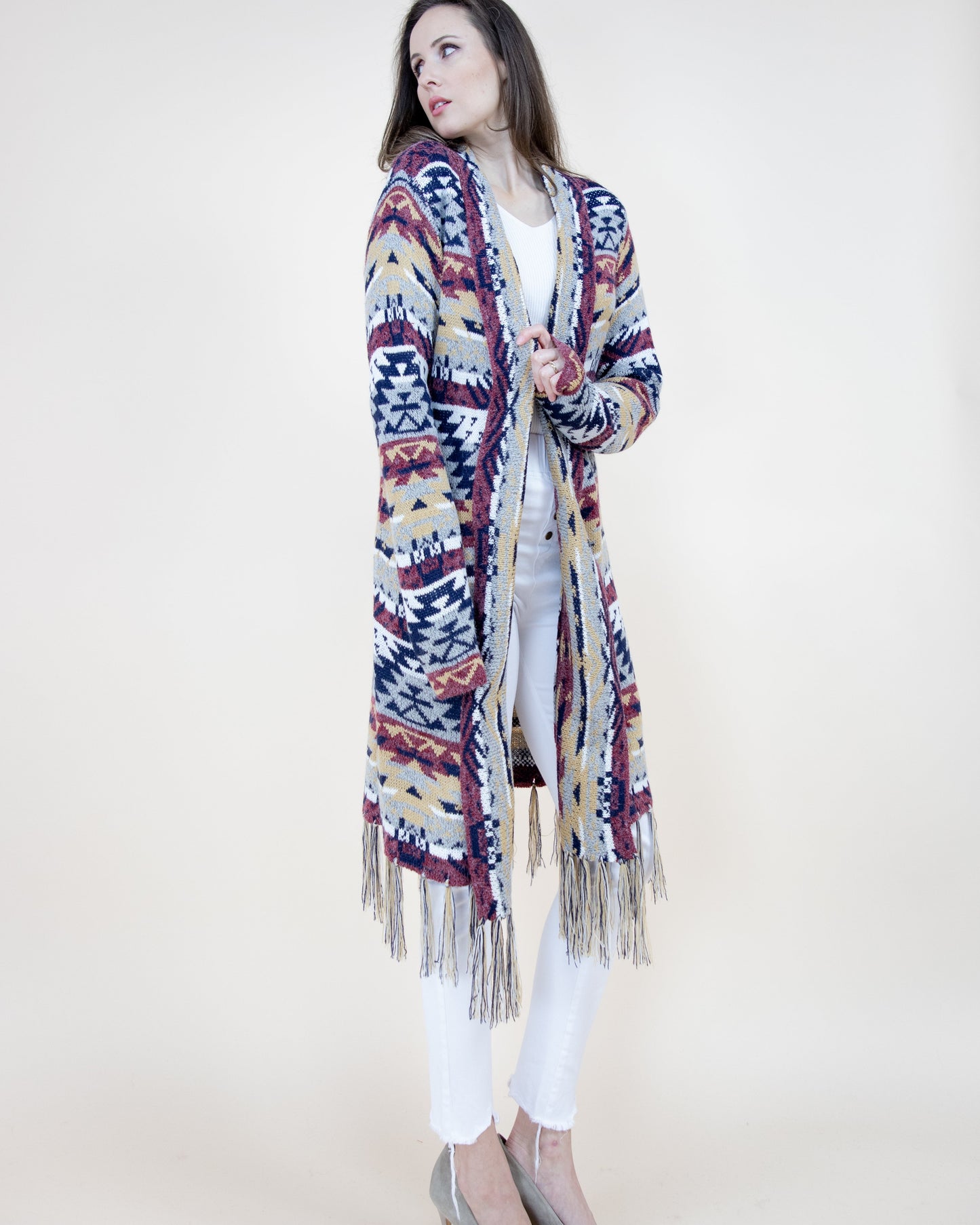 Aztec Bohemian Stripe Cardigan with Fringe