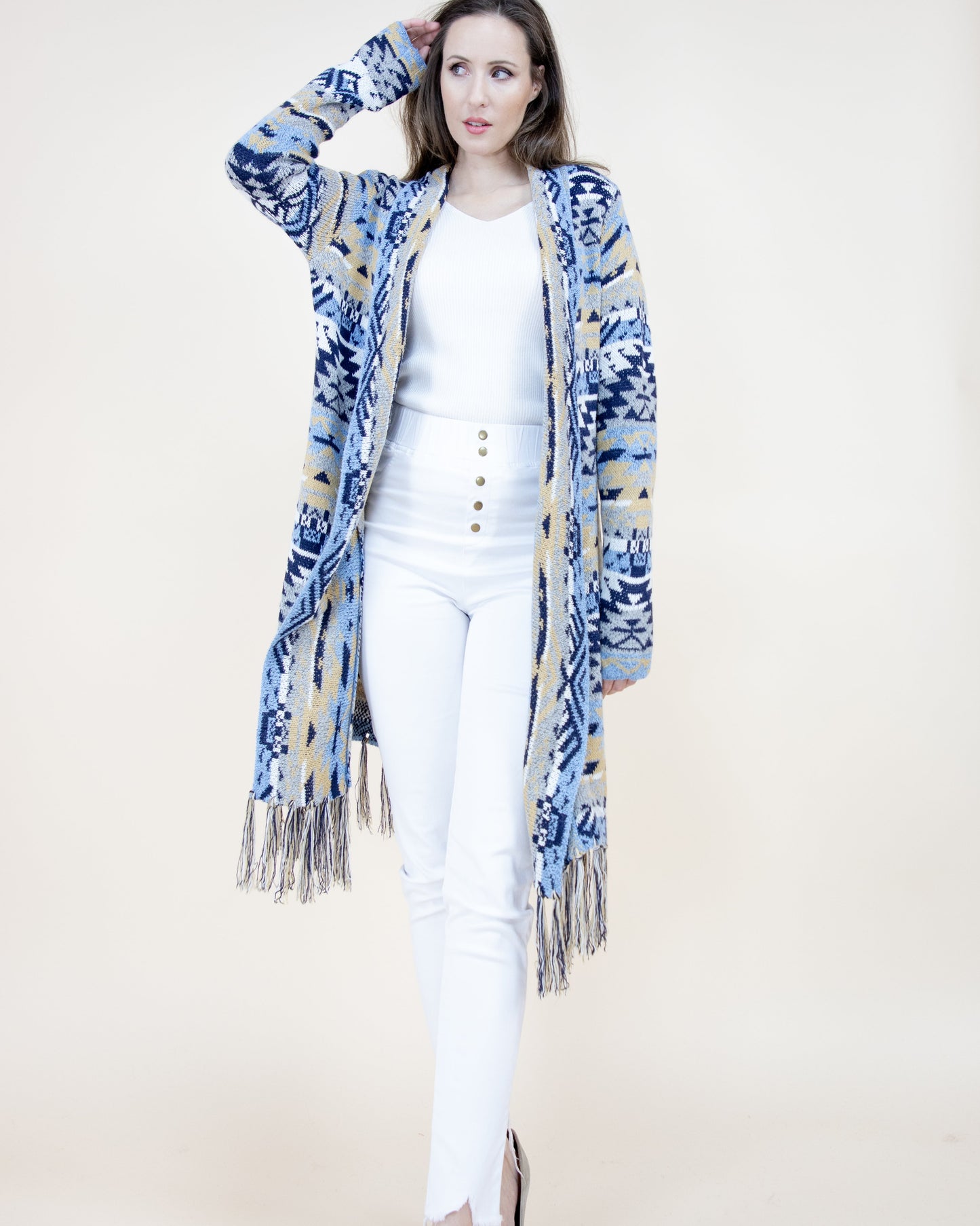 Aztec Bohemian Stripe Cardigan with Fringe