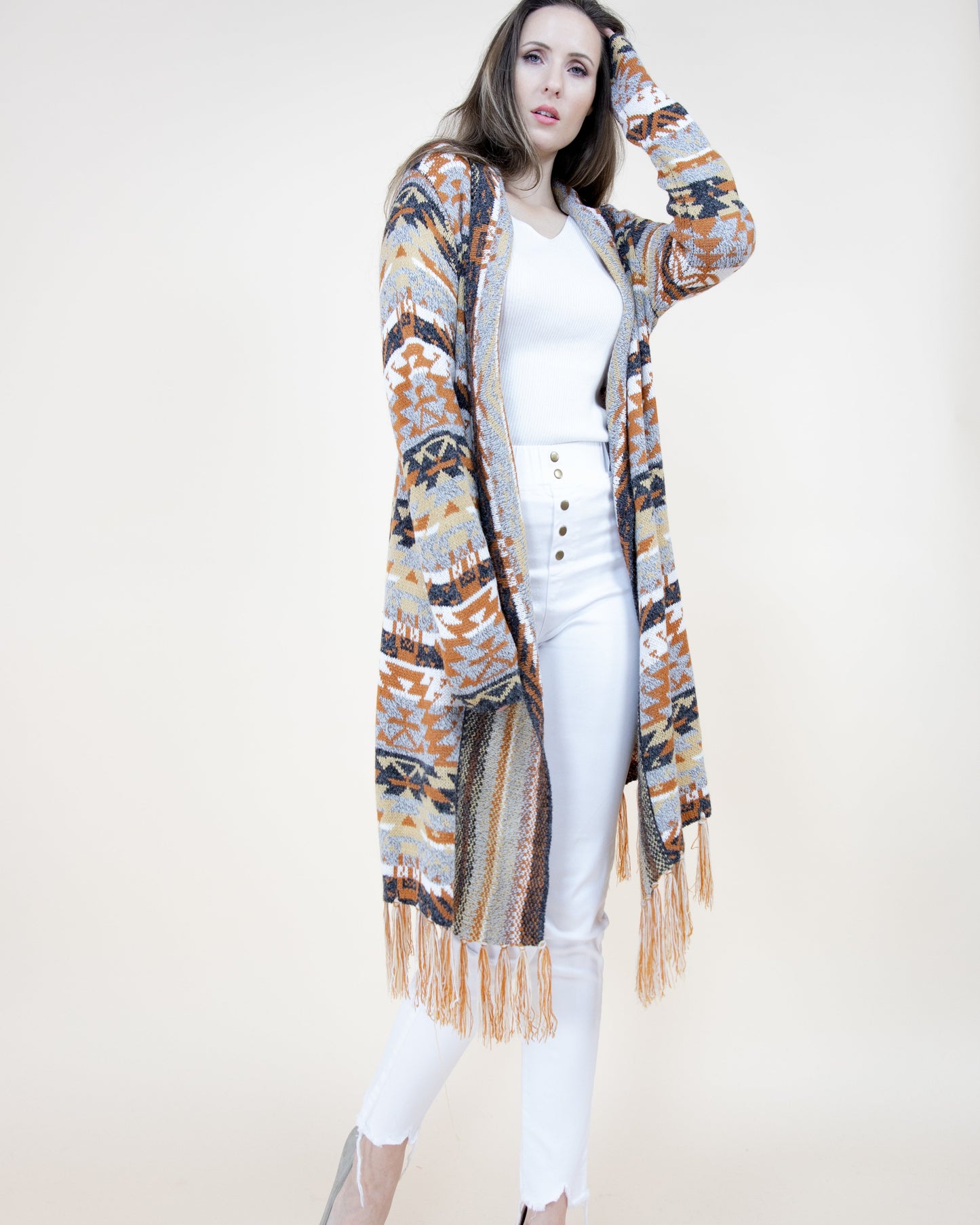 Aztec Bohemian Stripe Cardigan with Fringe