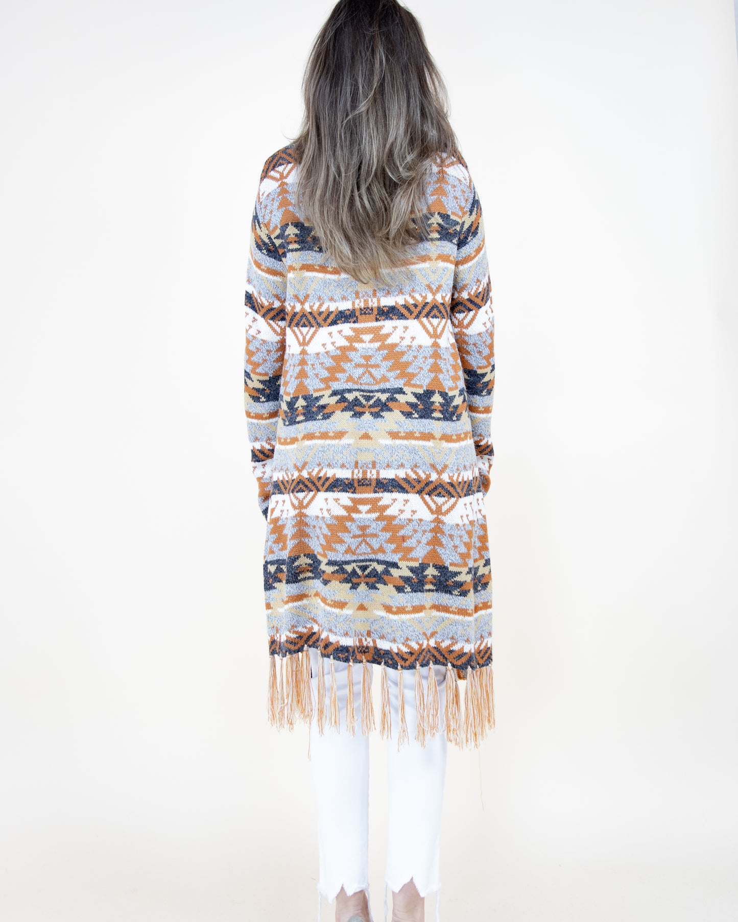 Aztec Bohemian Stripe Cardigan with Fringe