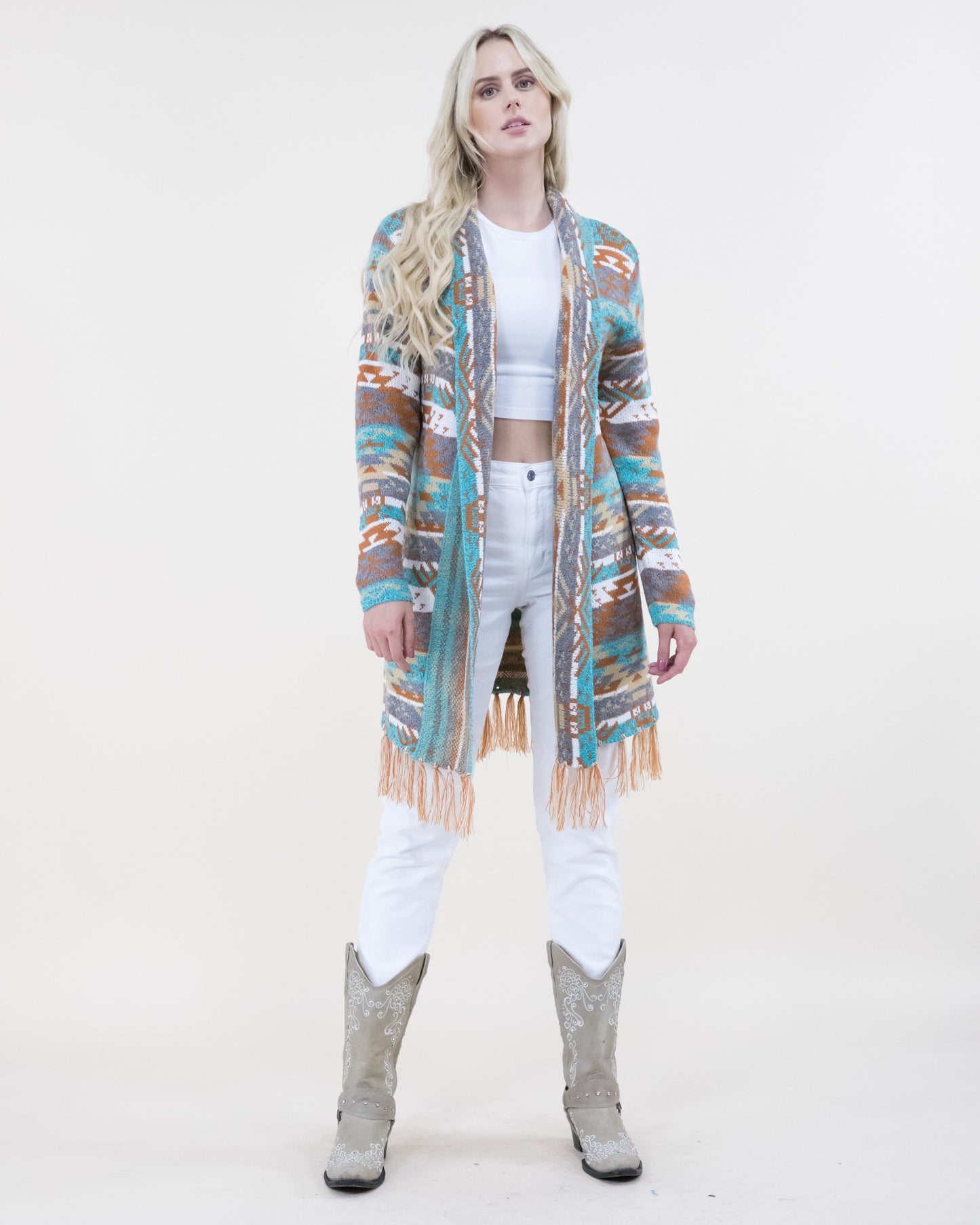 Aztec Bohemian Stripe Cardigan with Fringe