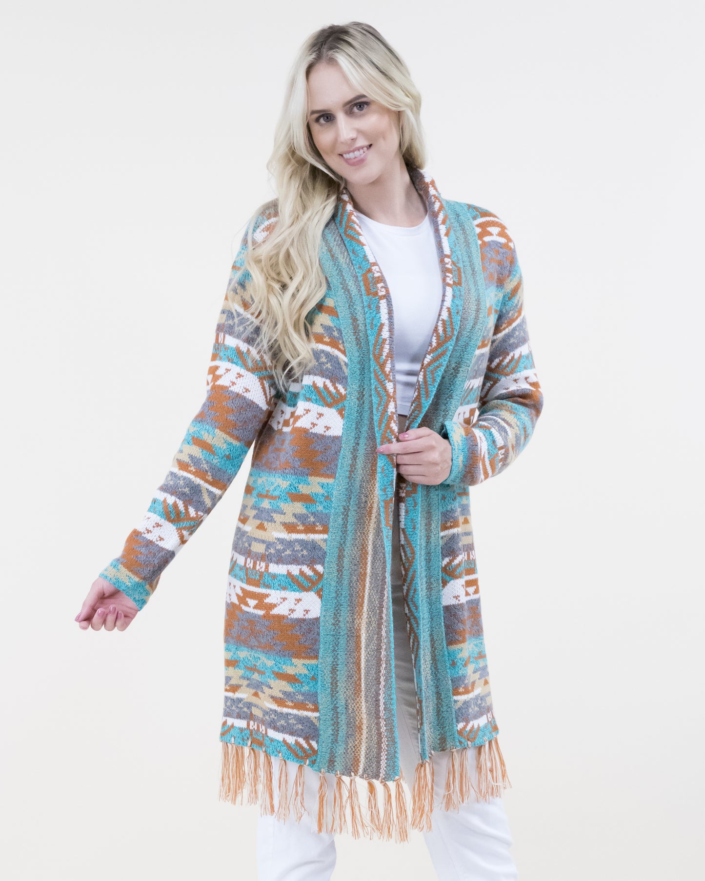 Aztec Bohemian Stripe Cardigan with Fringe