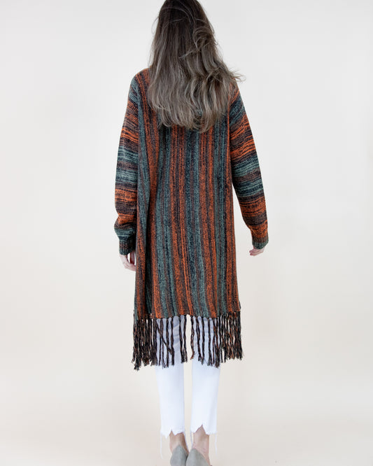 Comfy Stripe Cardigan w/ Fringe & Hood