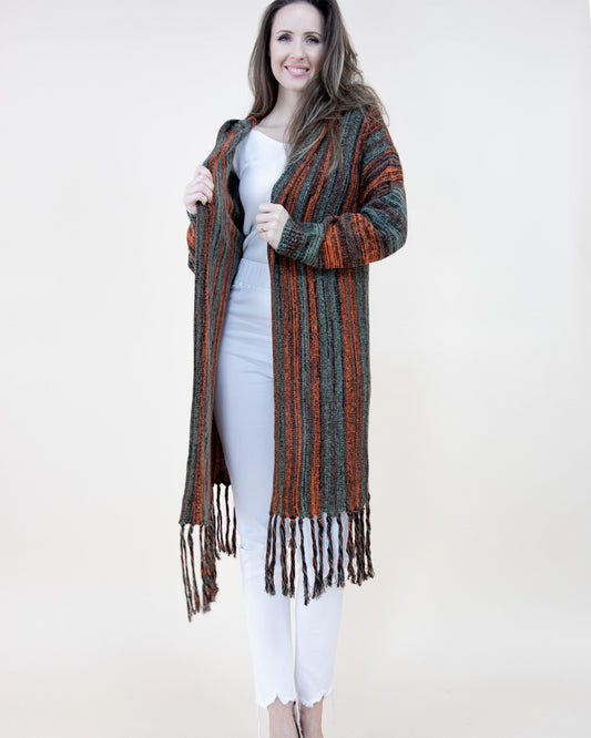 Comfy Stripe Cardigan w/ Fringe & Hood