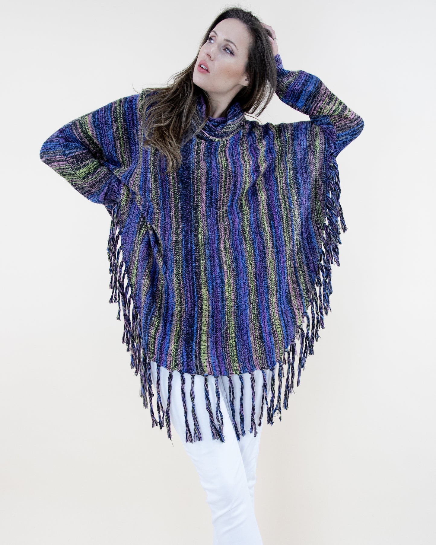 Turtle Neck Sleeved Comfy Stripe Poncho w/ Fringe
