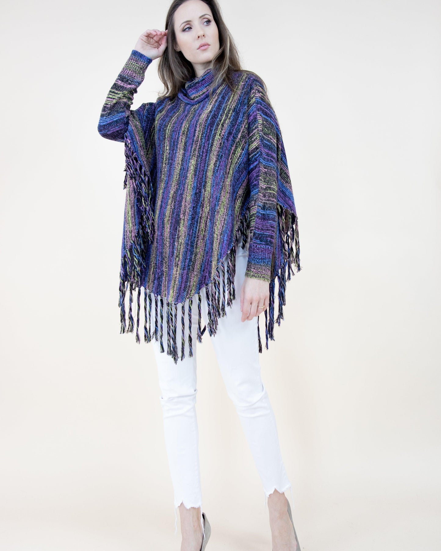 Turtle Neck Sleeved Comfy Stripe Poncho w/ Fringe