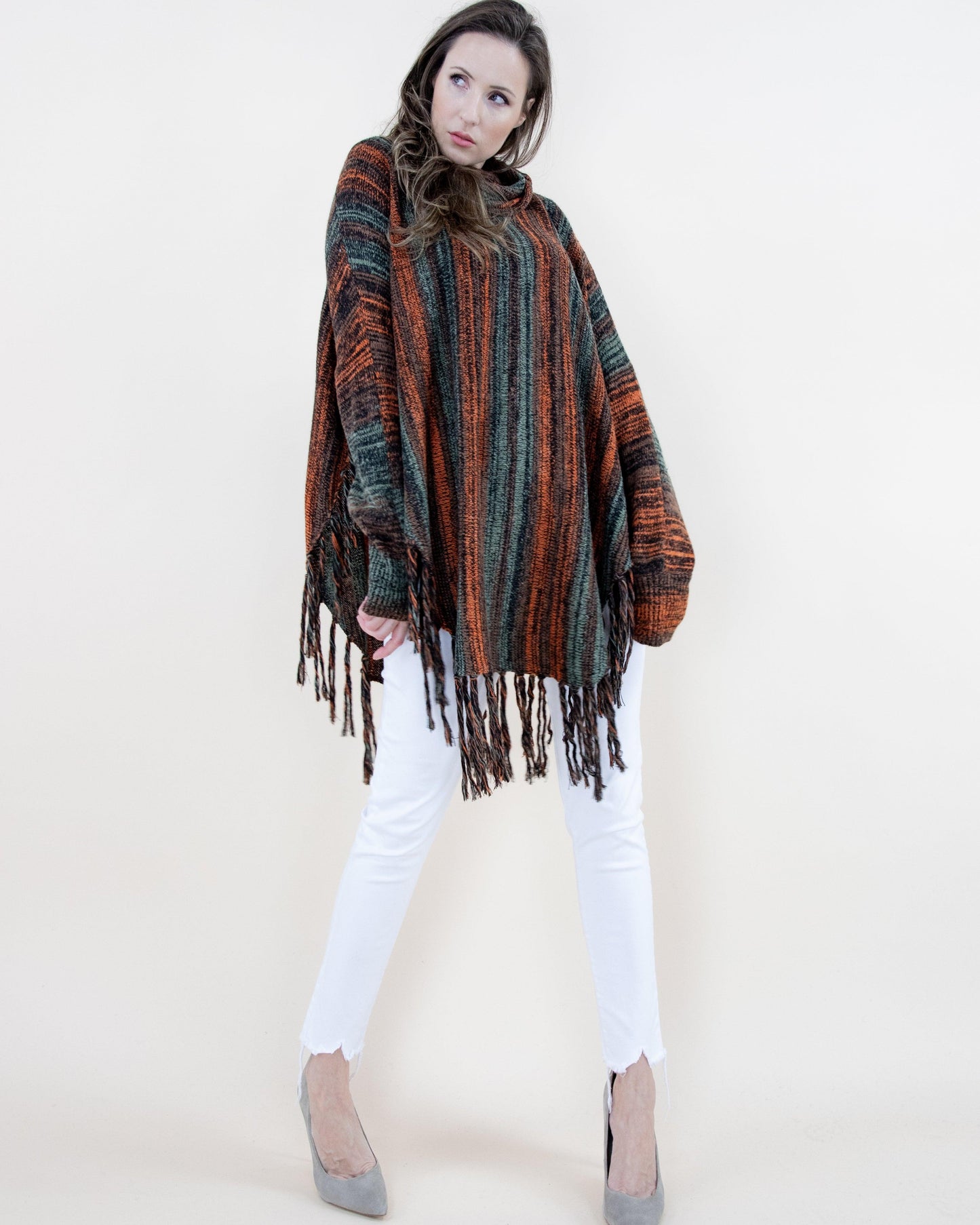 Turtle Neck Sleeved Comfy Stripe Poncho w/ Fringe
