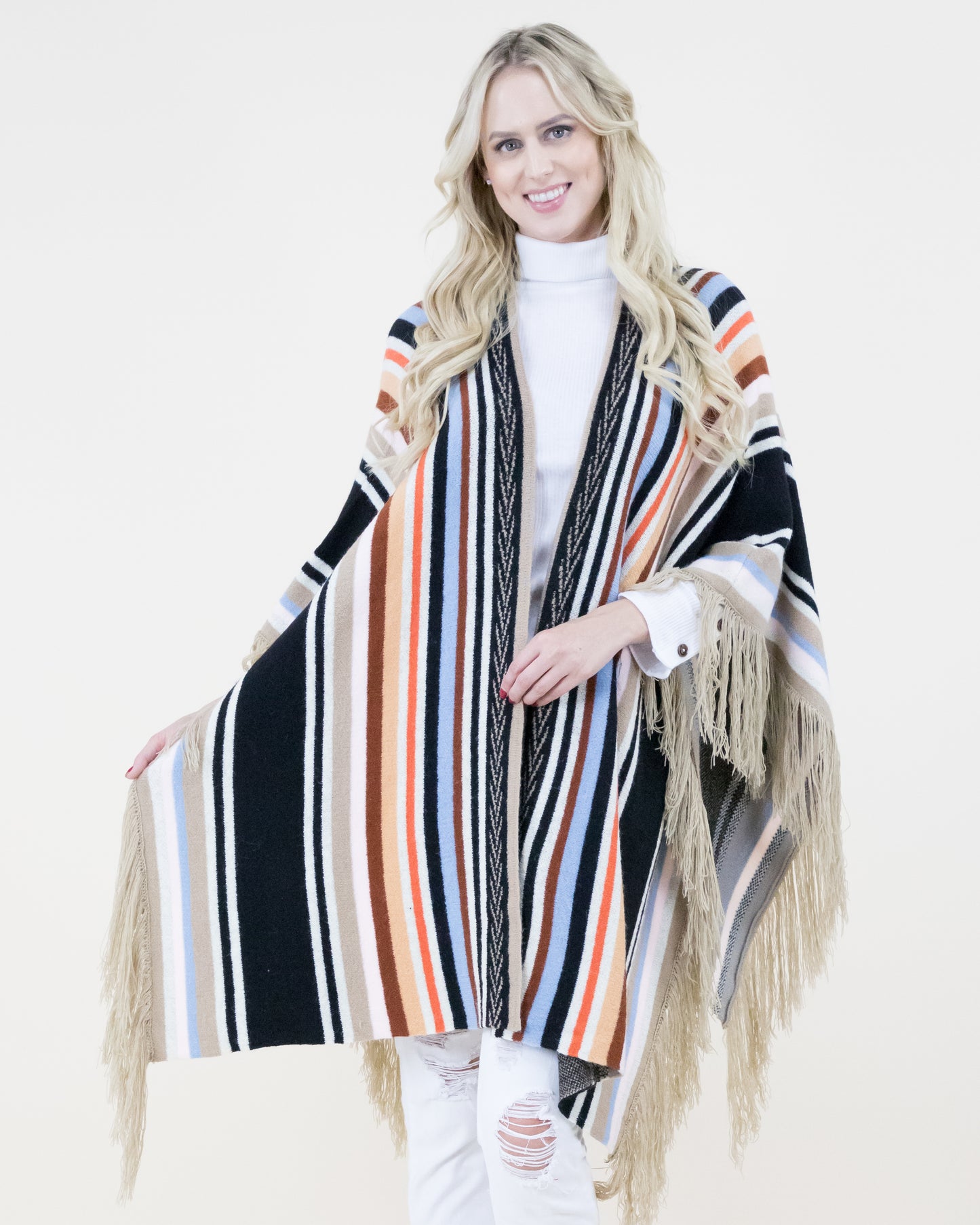 Colorful Serape Print Ruana w/ Tassel Trim