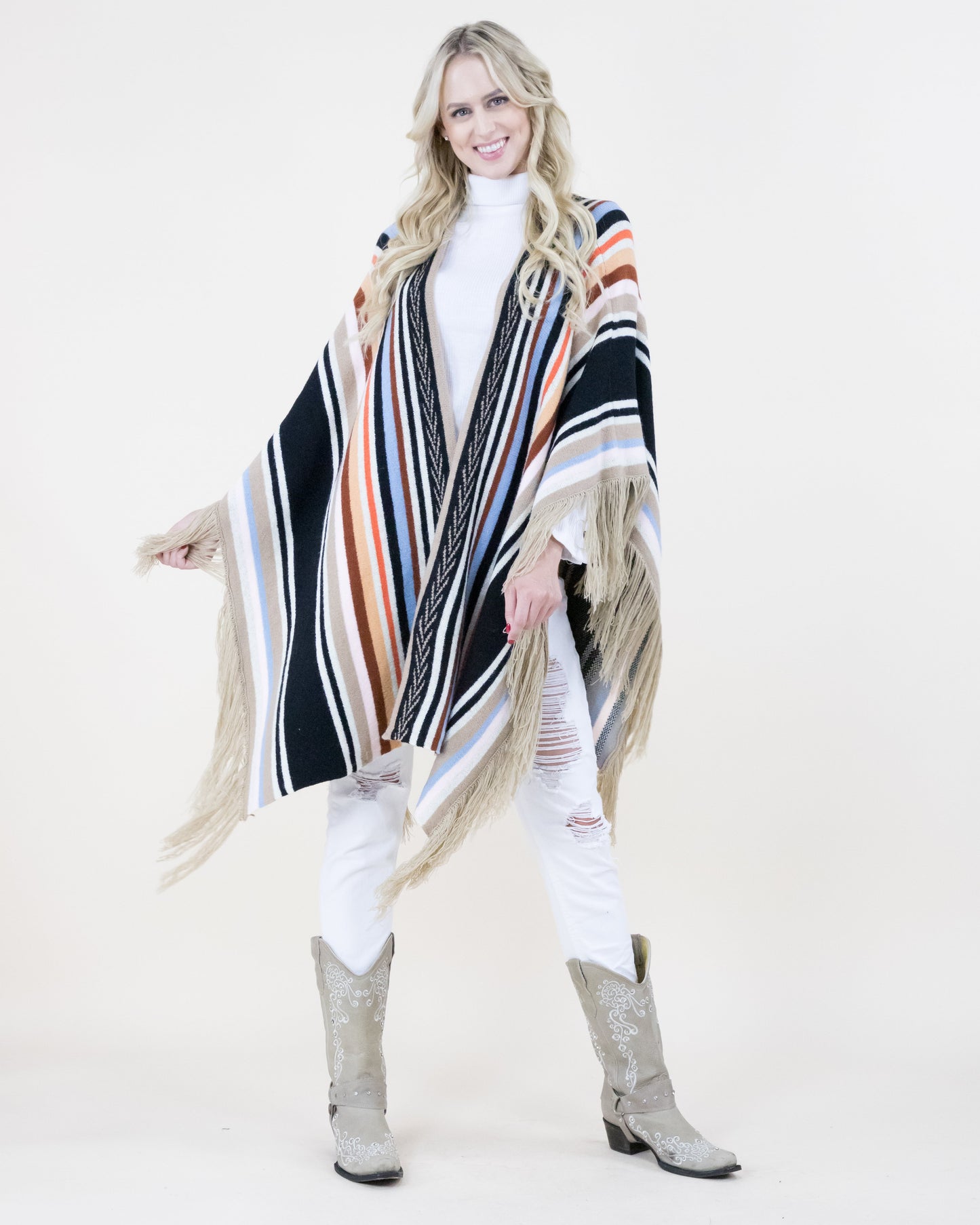 Colorful Serape Print Ruana w/ Tassel Trim