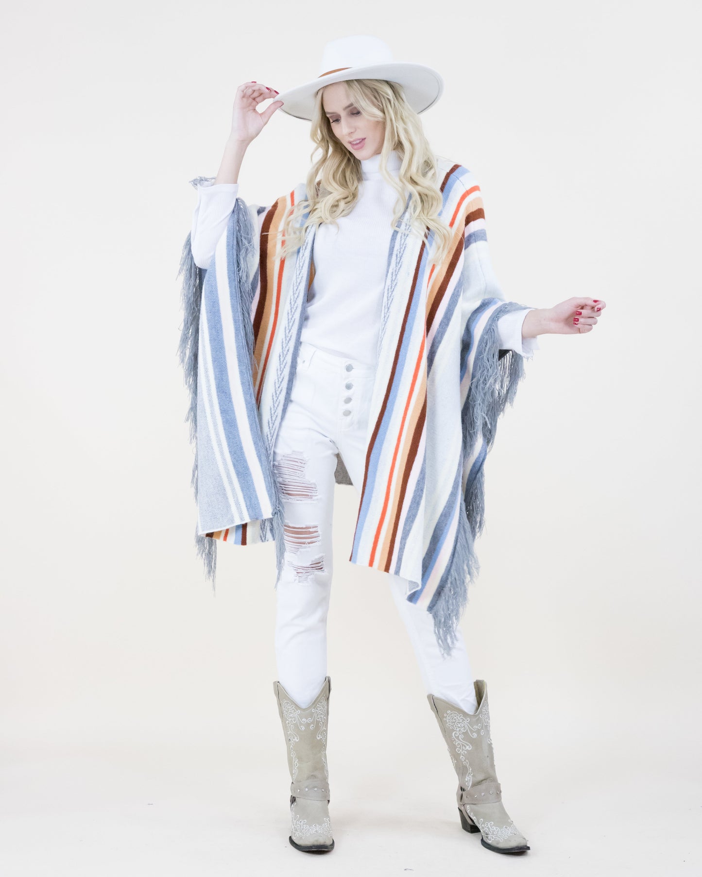 Colorful Serape Print Ruana w/ Tassel Trim