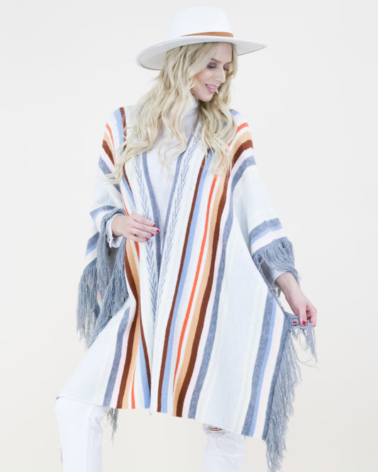 Colorful Serape Print Ruana w/ Tassel Trim