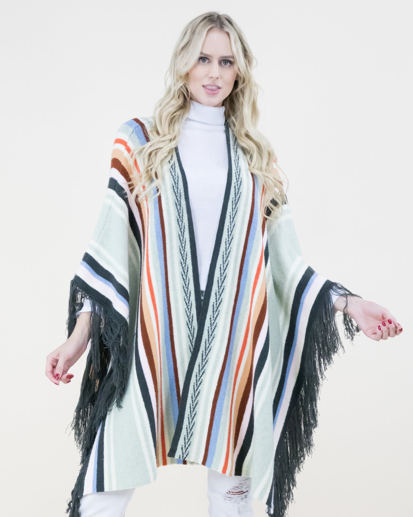 Colorful Serape Print Ruana w/ Tassel Trim