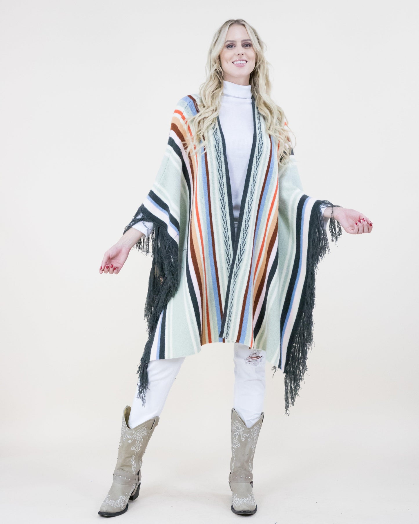 Colorful Serape Print Ruana w/ Tassel Trim