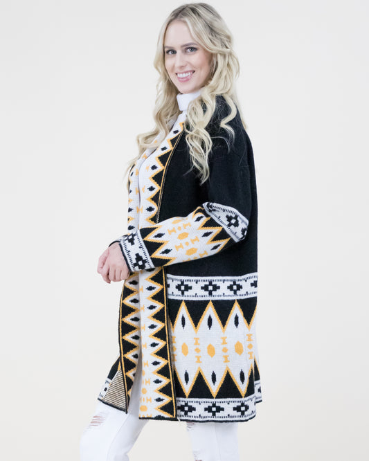Geometric Trim Tribal Print Cardigan