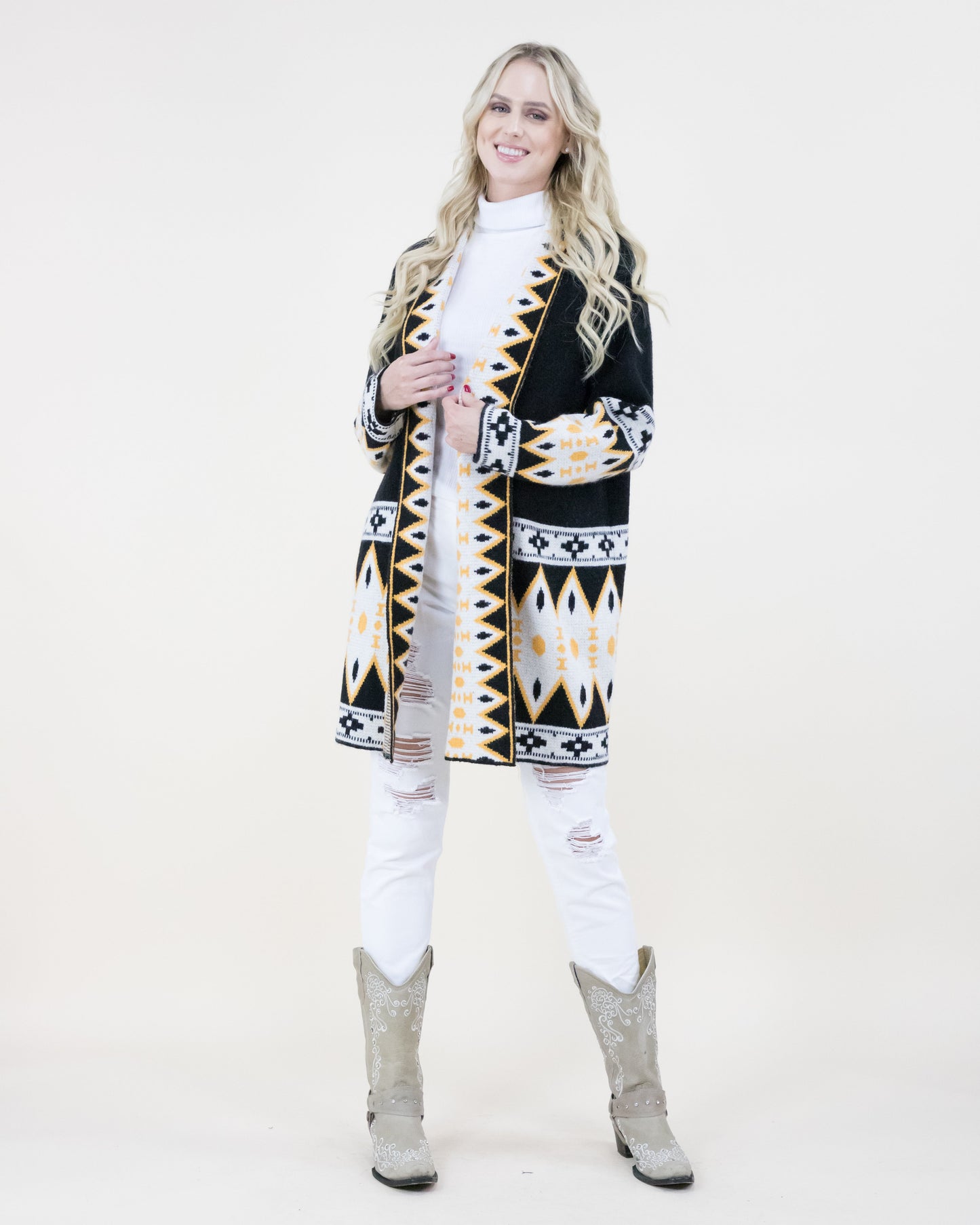 Geometric Trim Tribal Print Cardigan