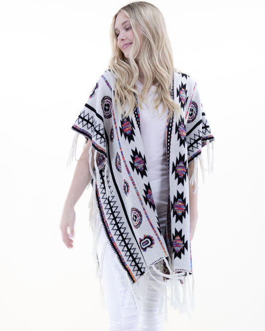 Half Sleeve Aztec Pattern Wrap w/ Fringe