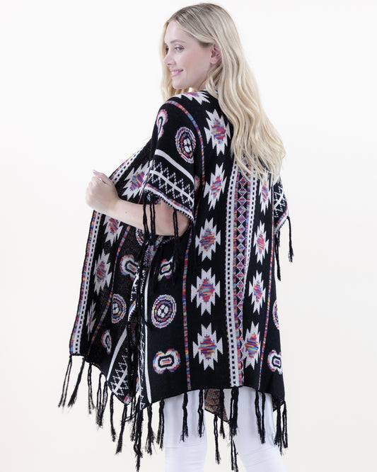 Half Sleeve Aztec Pattern Wrap w/ Fringe