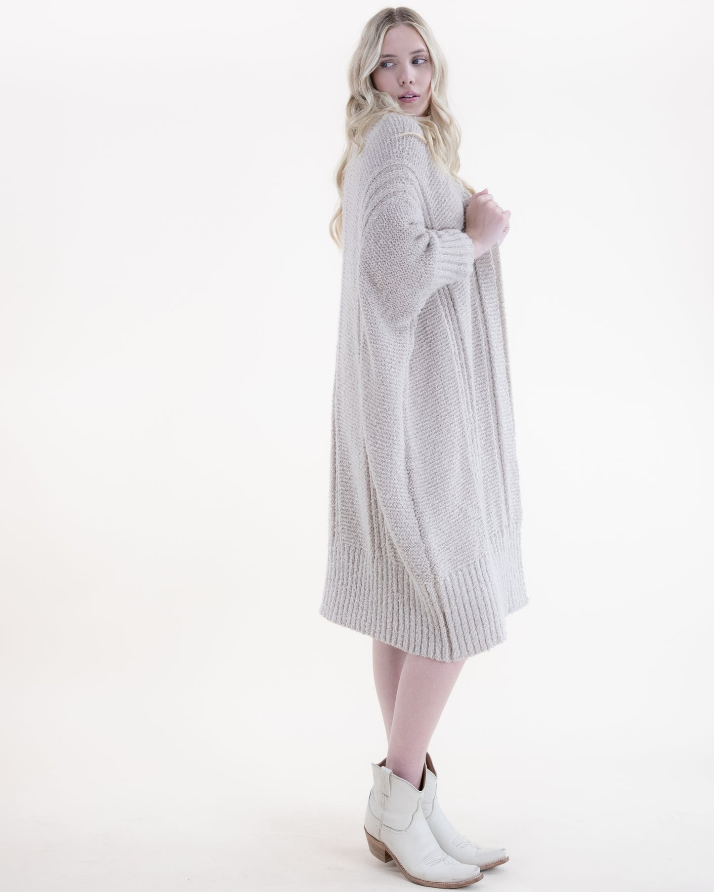 Perl Stitch Duster w/ Vertical Ribbed Stitch Details