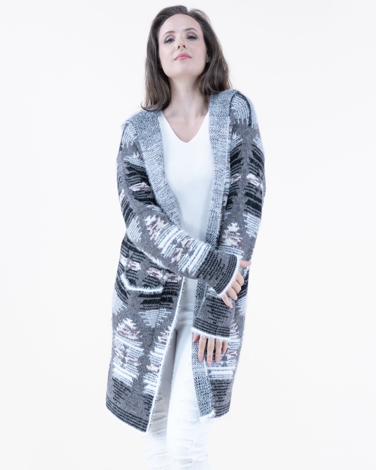 Casual Native Print Eyelash Duster Cardigan