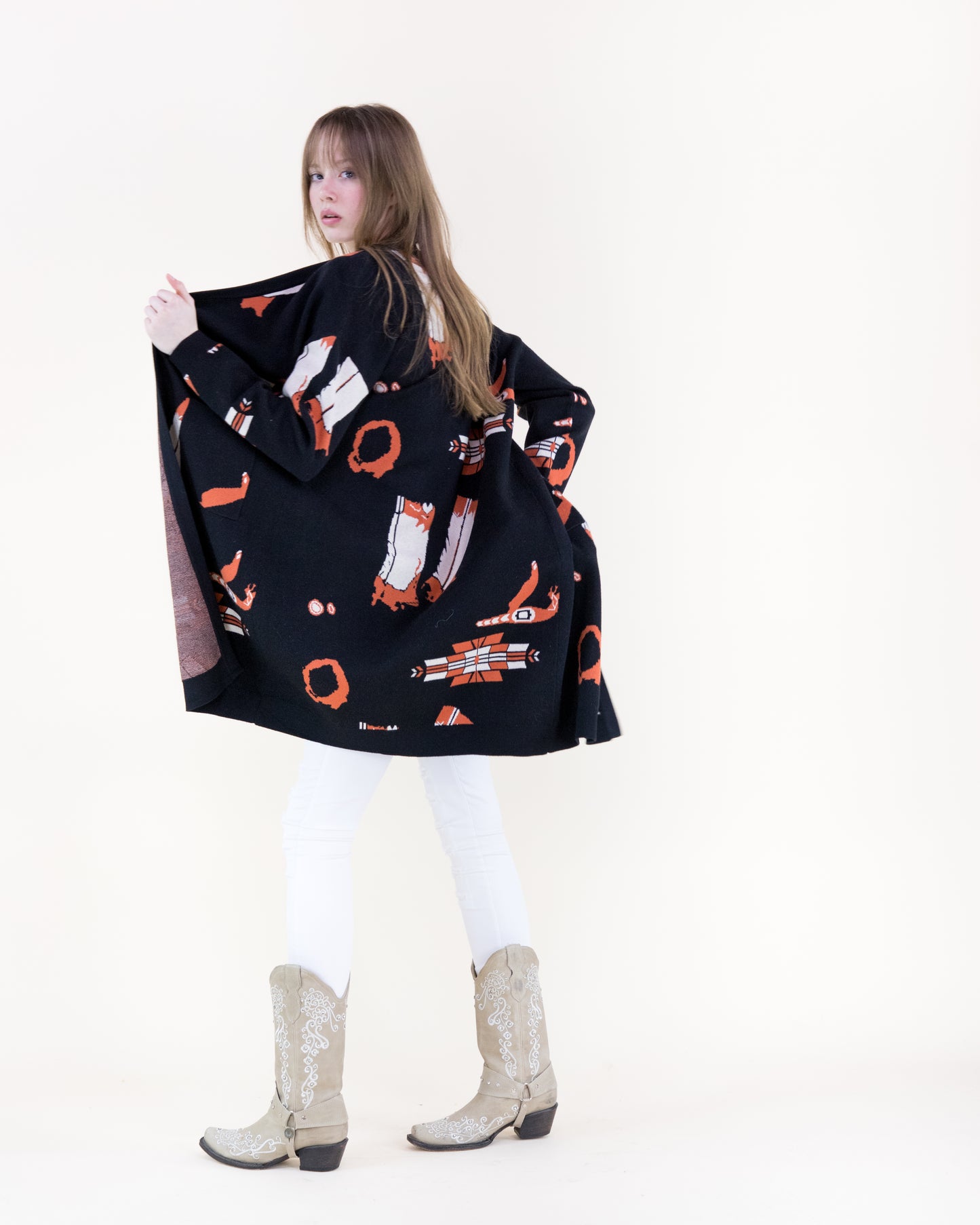Western Boots Open Front Cardigan