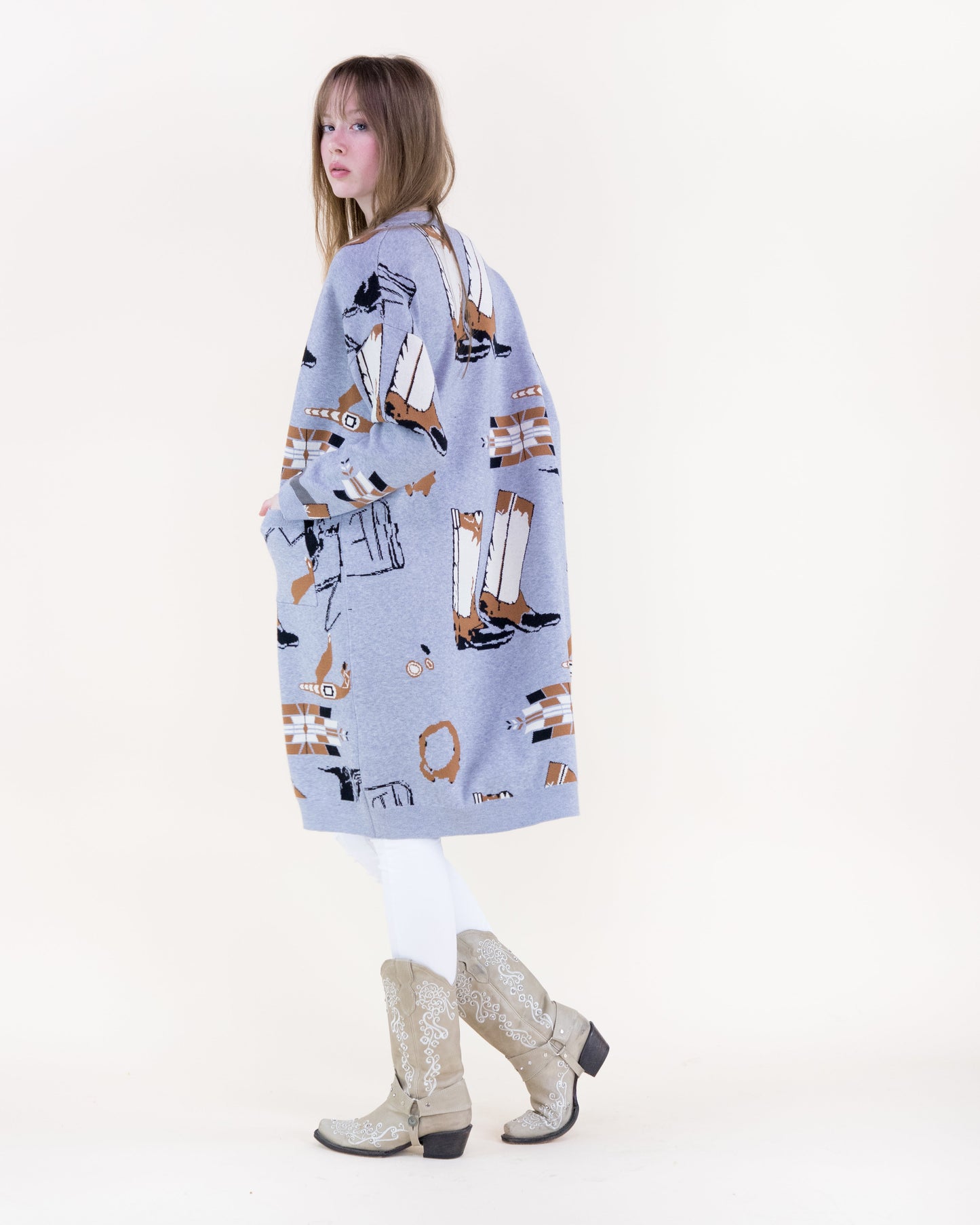 Western Boots Open Front Cardigan