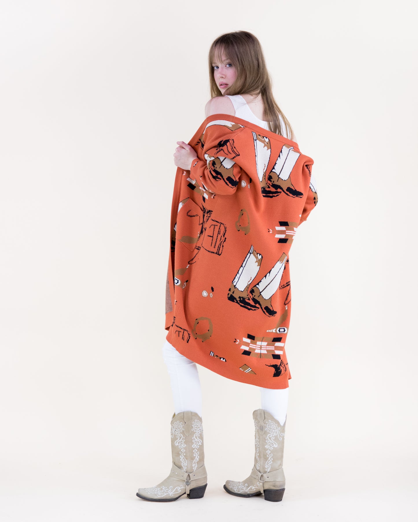 Western Boots Open Front Cardigan