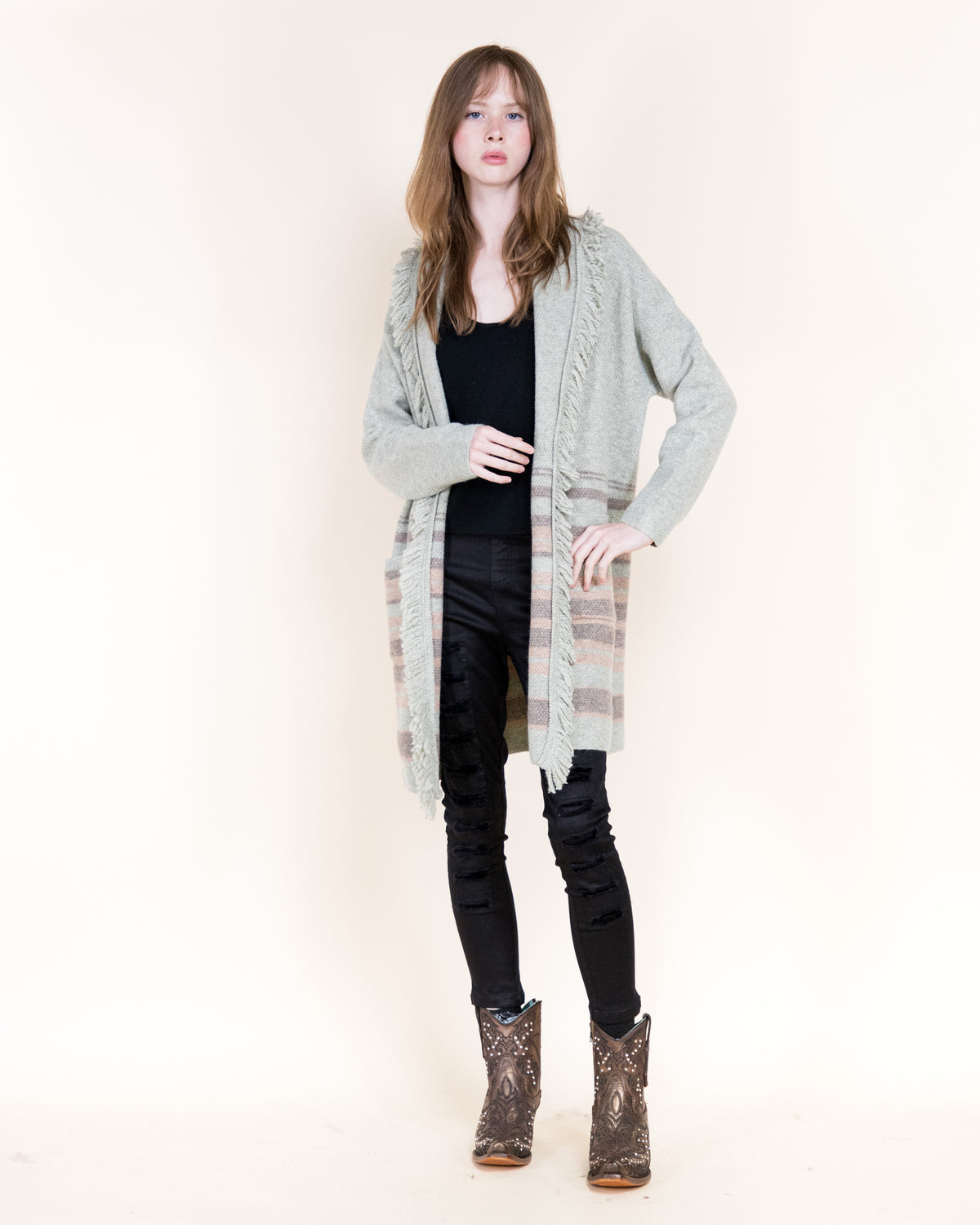 Autumn Low Stripes Fringe Shawl Wool Blend Cardigan