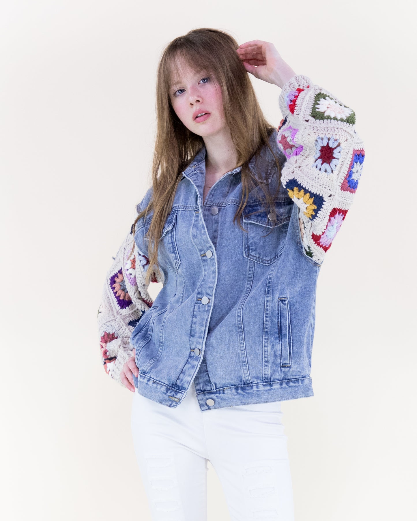 Boho Handmade Crochet Sleeves Denim Jacket