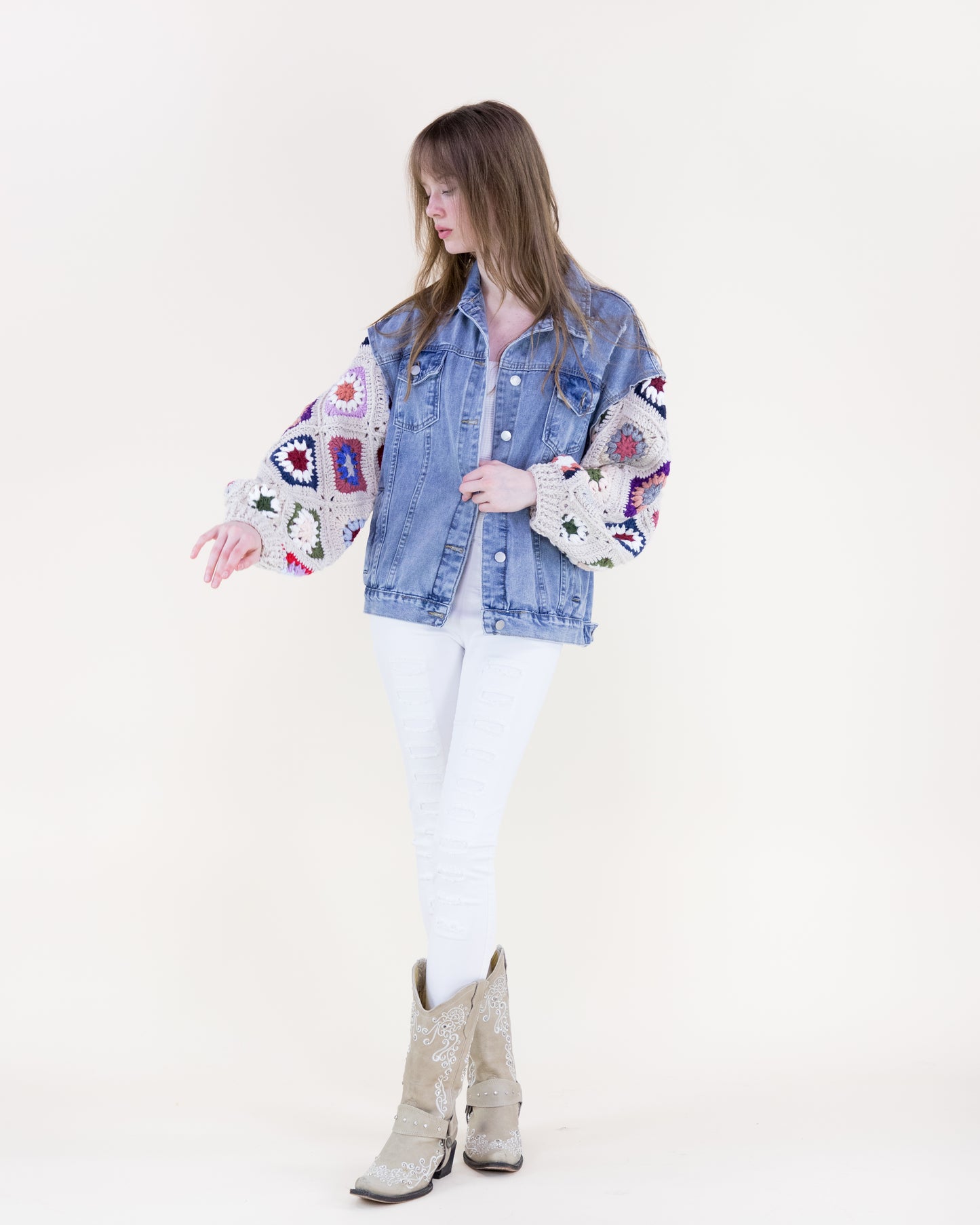 Boho Handmade Crochet Sleeves Denim Jacket