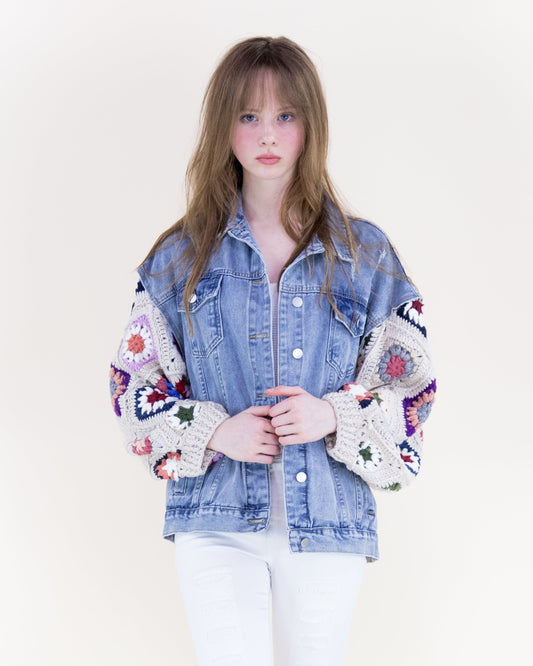 Boho Handmade Crochet Sleeves Denim Jacket