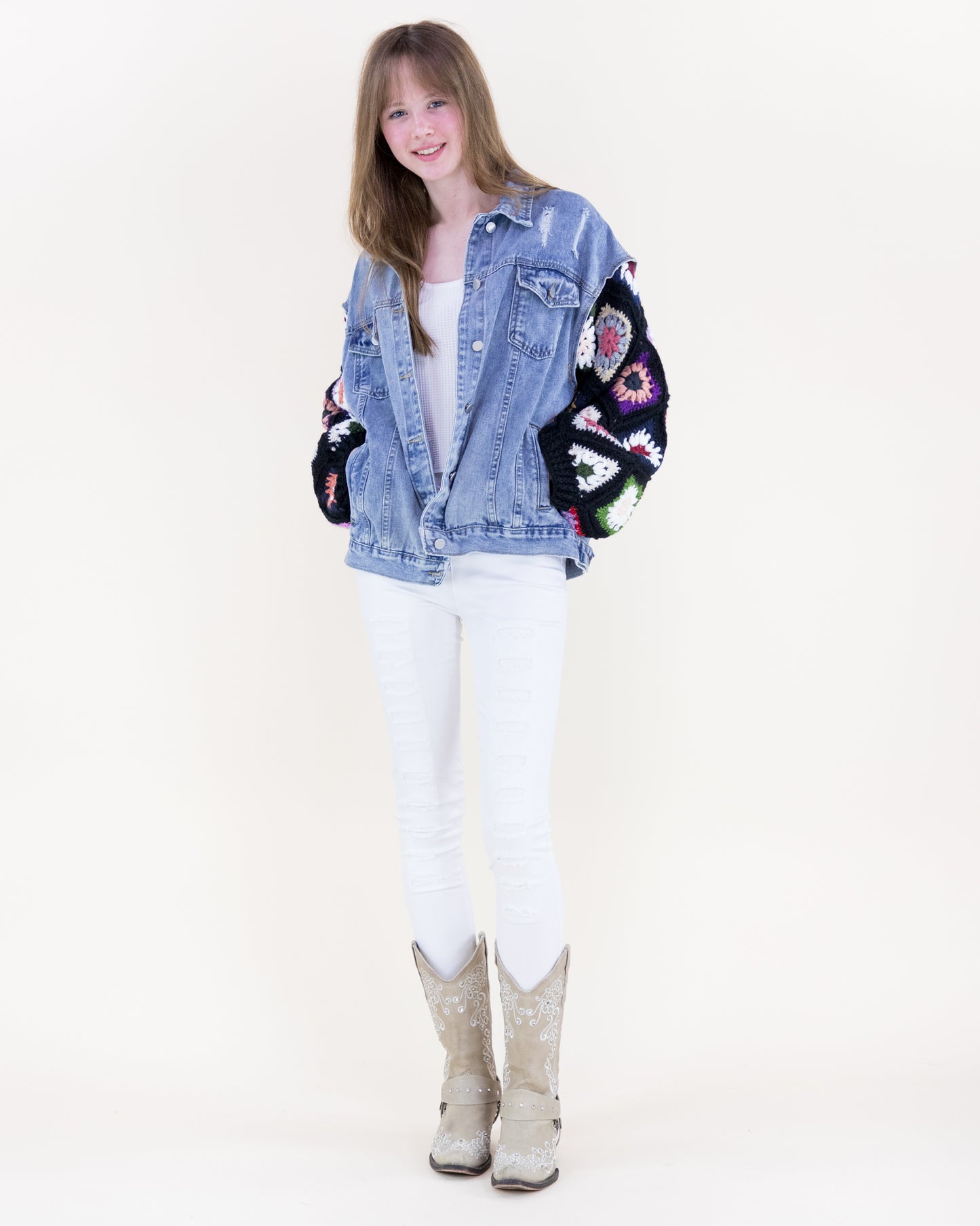 Boho Handmade Crochet Sleeves Denim Jacket