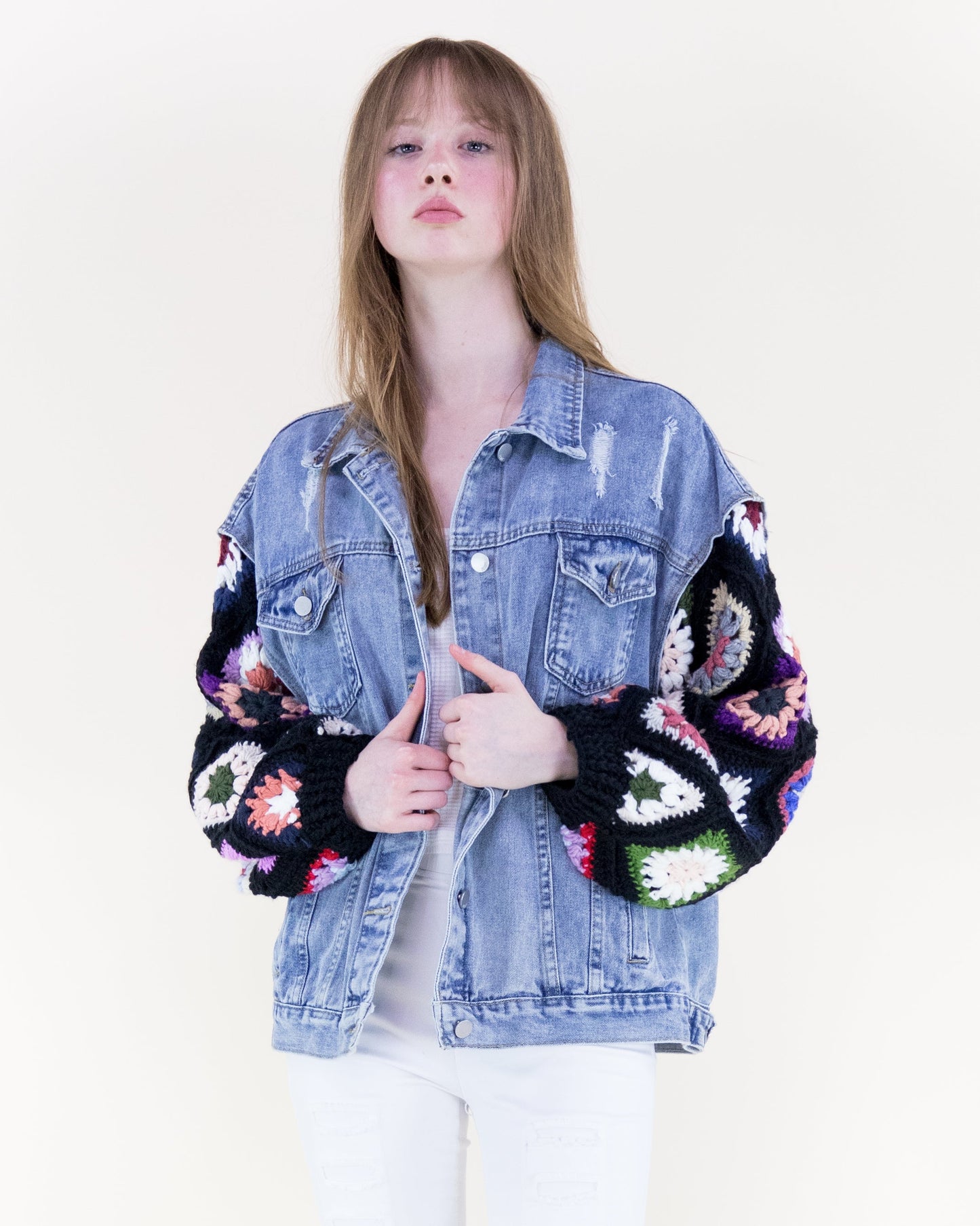 Boho Handmade Crochet Sleeves Denim Jacket