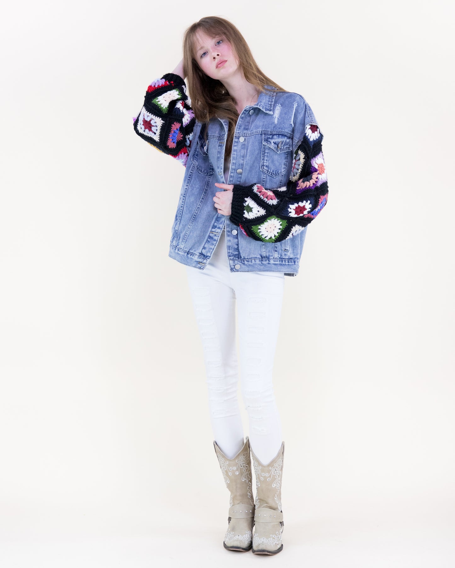 Boho Handmade Crochet Sleeves Denim Jacket